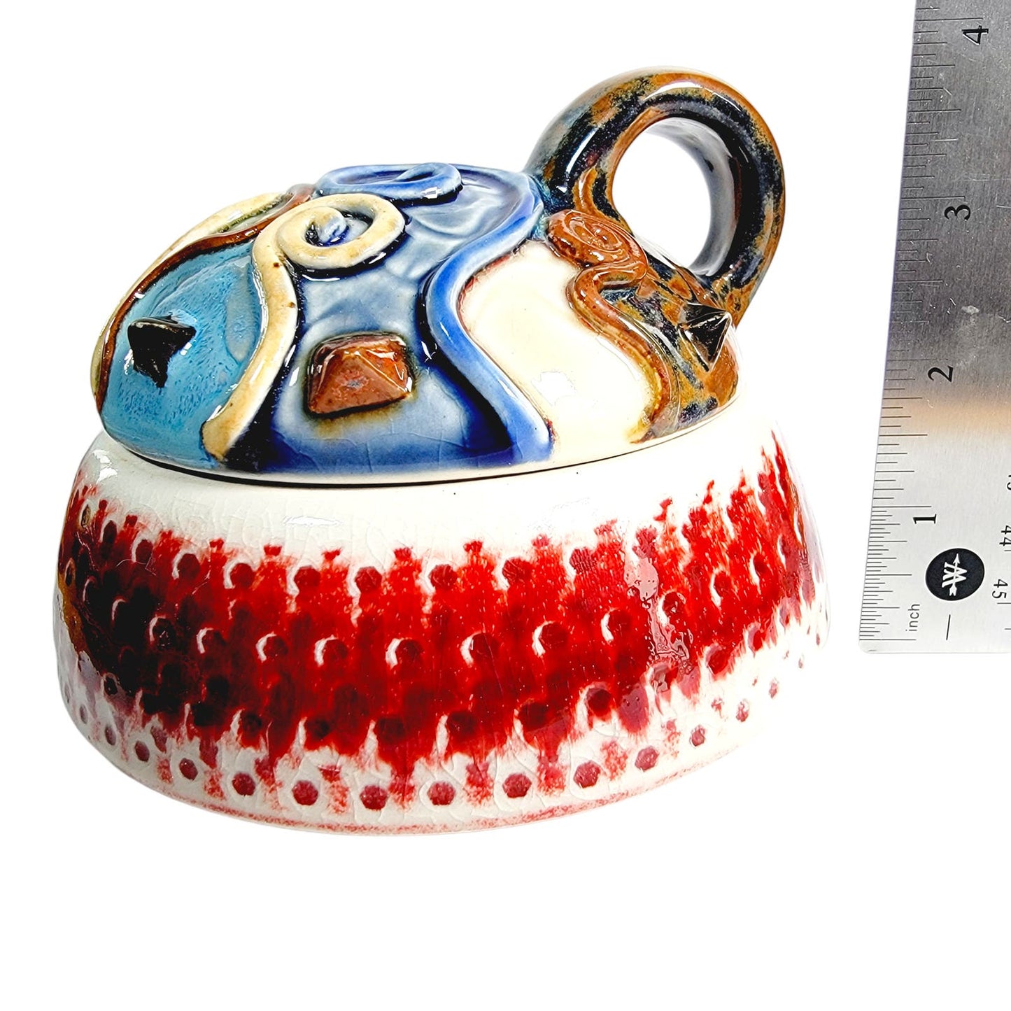 Colorful Vintage Studio Art Pottery Ornate Lidded Box Signed