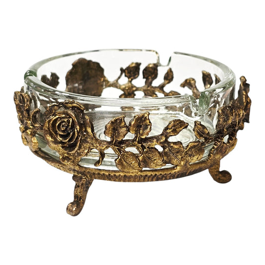 Vintage Brass Rose Ashtray Floral Stand with Glass Insert Vanity Boudoir Decor