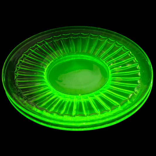 Set of 2 Vintage Uranium Glass Dessert Plates Optic Green 6"