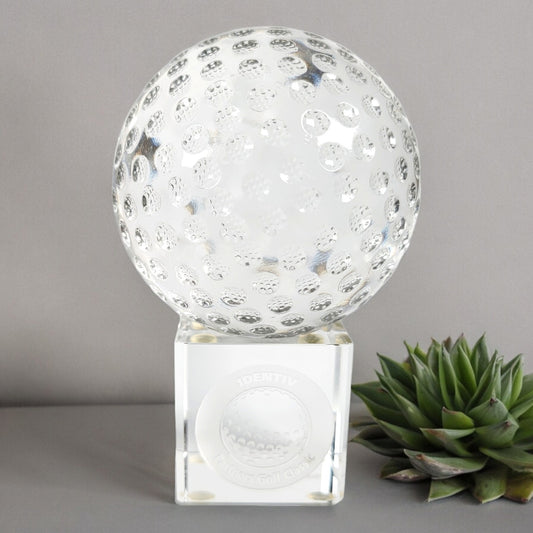 Solid Glass Golf Ball Paperweight on Stand, Identity Partners Golf Classic