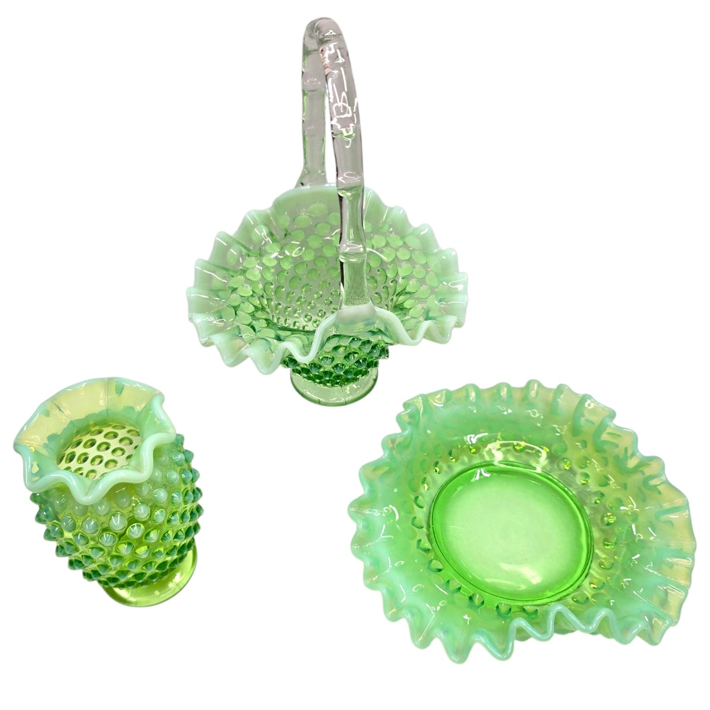 Fenton Green Opalescent Hobnail 3-Pc Set Uranium Vase Basket Dish Glows Green UV