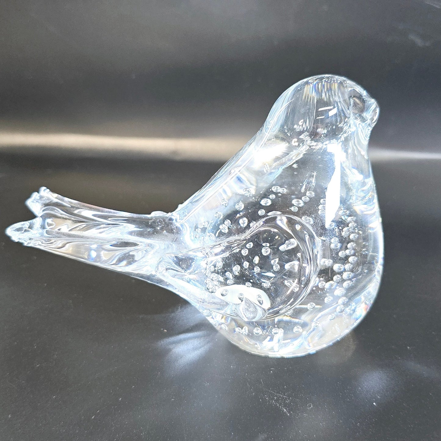 AS IS Handblown Clear Art Glass Bird, with Bullicante Bubbles, Polished Bottom, Chipped Tip of Tail Feather