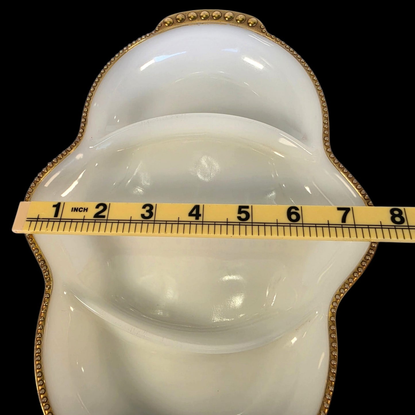 Vtg Fire-King Milk Glass Divided Relish Dish 22K Gold Trim Vanity Recency MCM