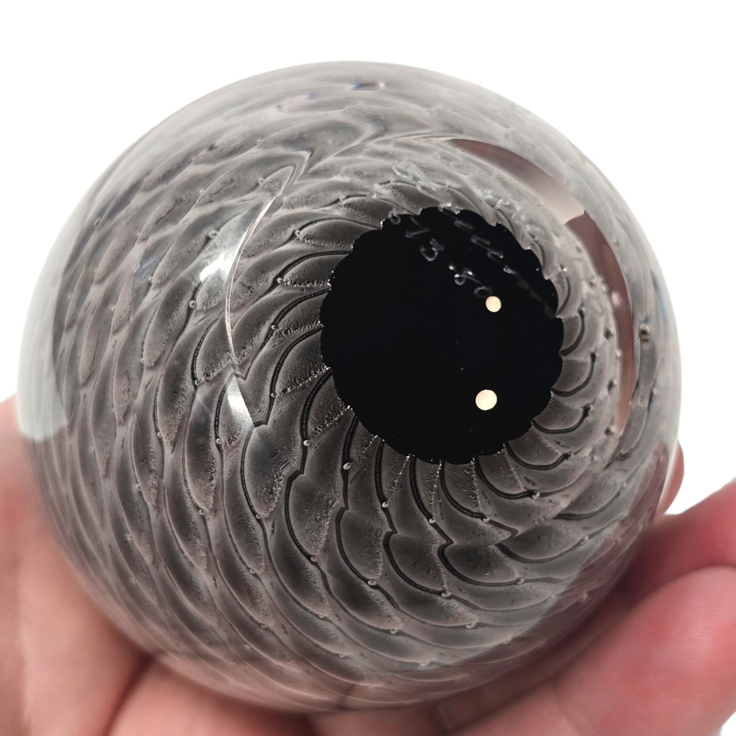 Signed Vtg Marcolin Sweden Art Glass Egg Paperweight Black White Ribbon Swirl 80