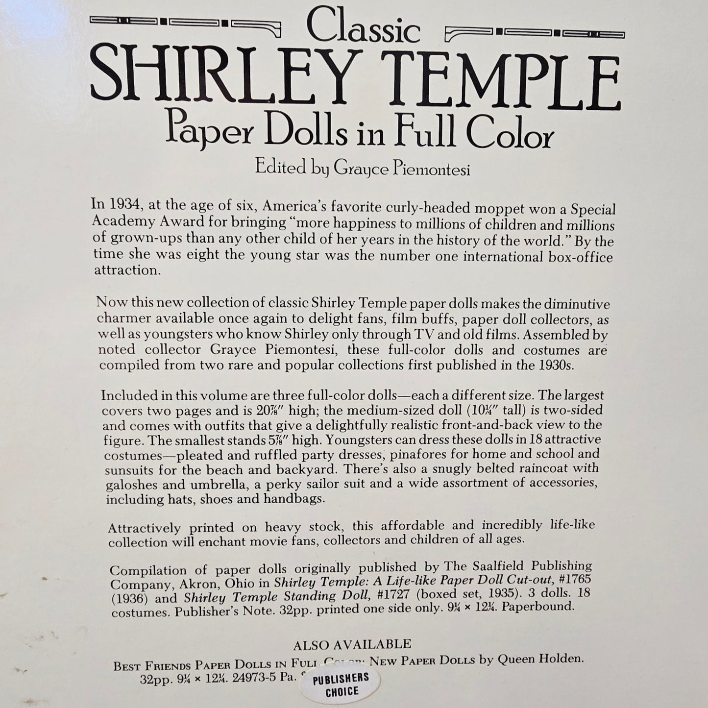 Classic Shirley Temple Paper Dolls in Full Color Dover 1986 Book