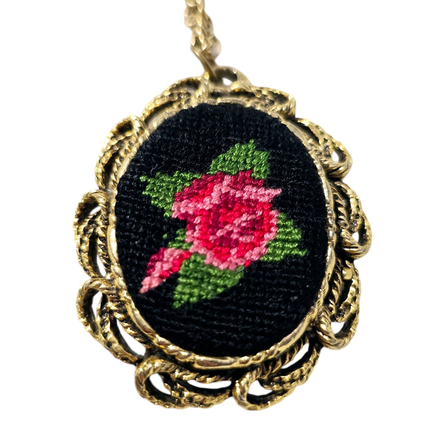 Vintage Petit Needle Point Red Rose On Black with Gold Tone Mirrored Pendant and Chain