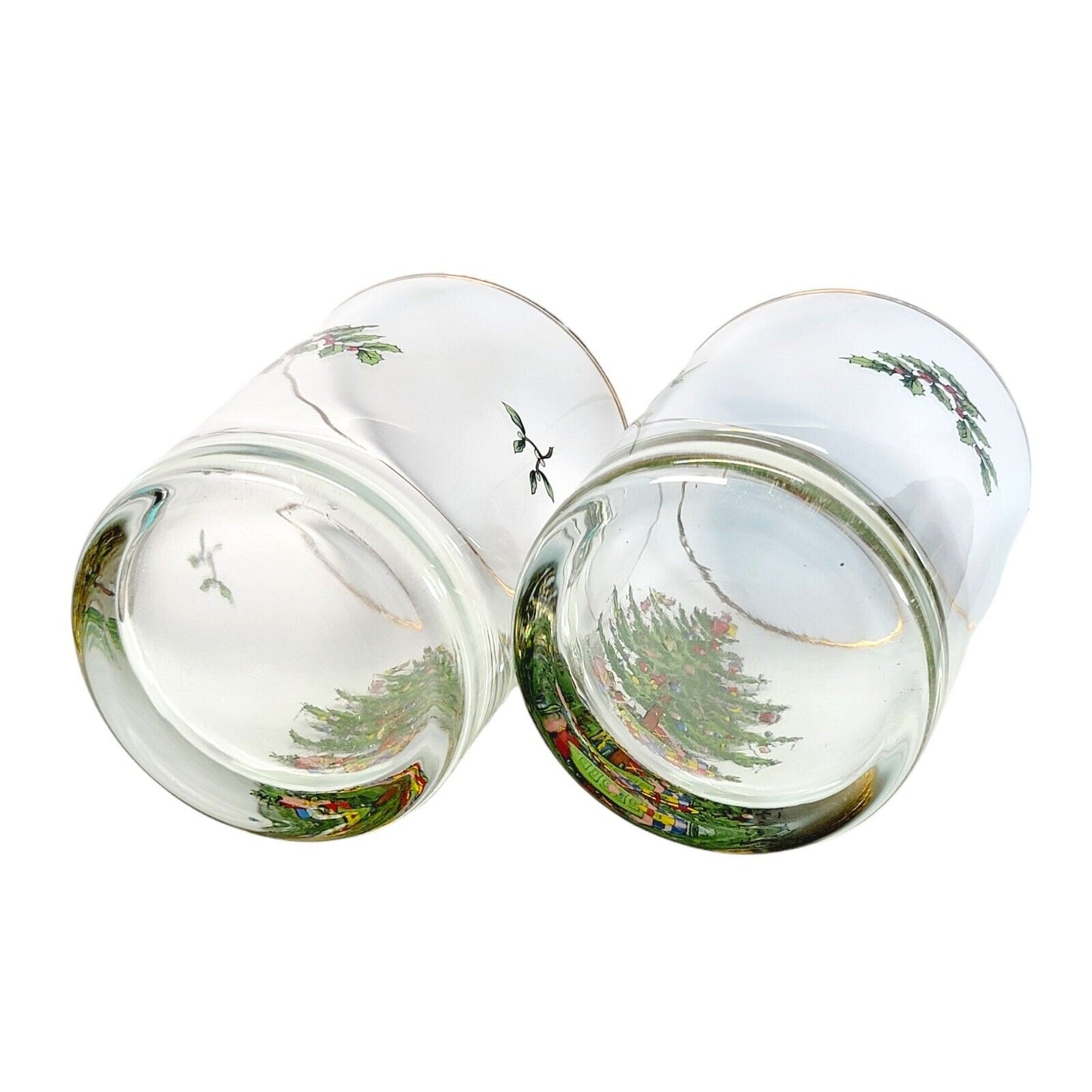 Set of 2 Spode Christmas Tree Double Old Fashioned Gold Rimmed Glasses 4"