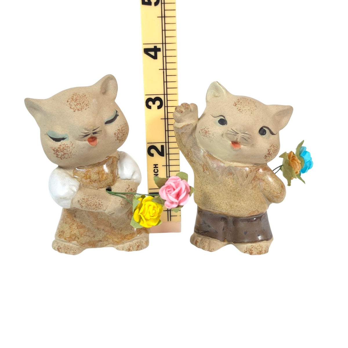 Vintage UCTCI Japan Cat Figurines Pair Boy Girl Flower Holders Speckled Pottery