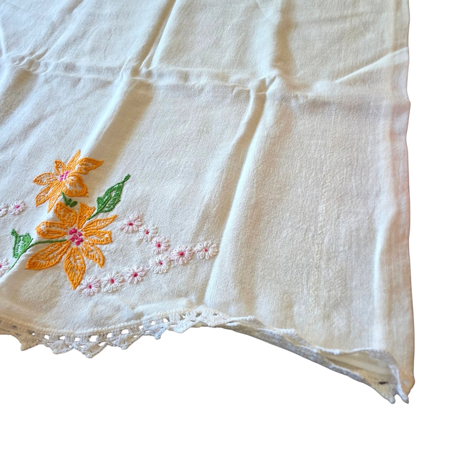Vintage Embroidered Marigold Daisy Floral Pillowcase Crochet Lace