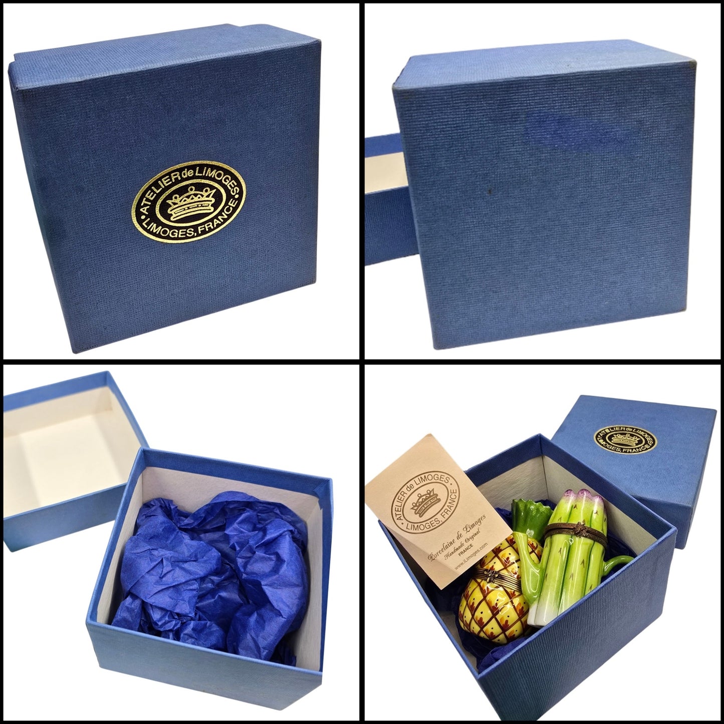 Limoges France Pineapple & Asparagus Trinket Box Set Atelier Box & Certificate