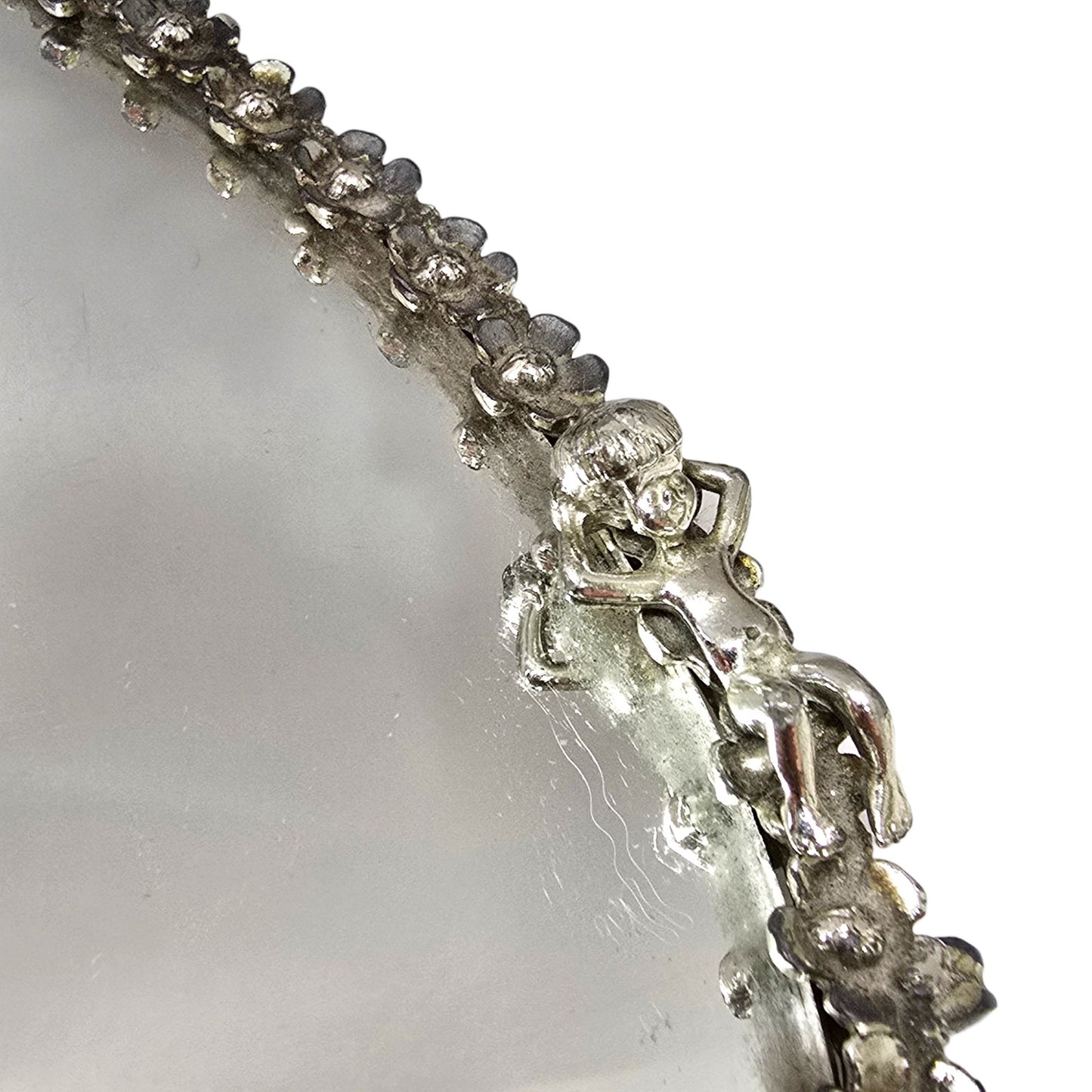 Sam Fink Vanity Set Mirror Tray Purse Mirror Cherub Flower Silver Tone Harp Feet