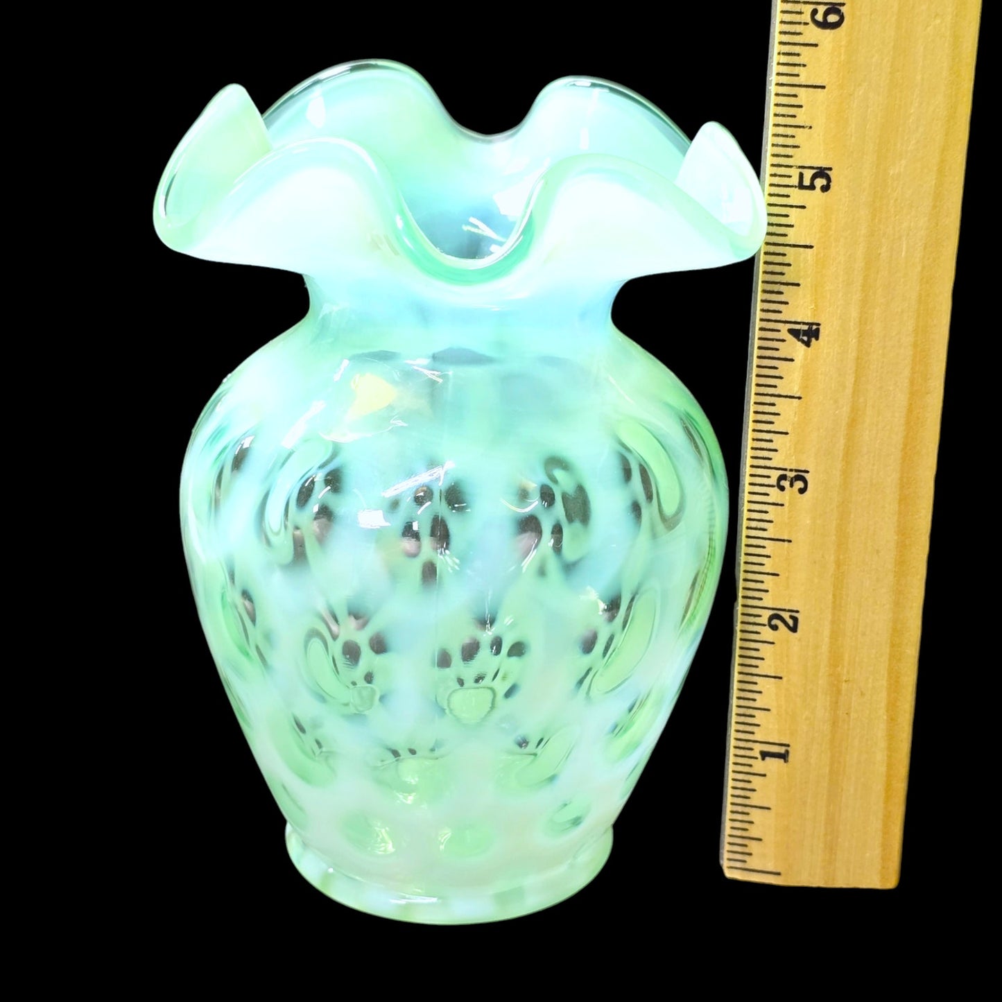 Vintage Fenton Aqua Blue Coin Dot Opalescent Glass Bud Vase Ruffled Crimped Edges 5.5"