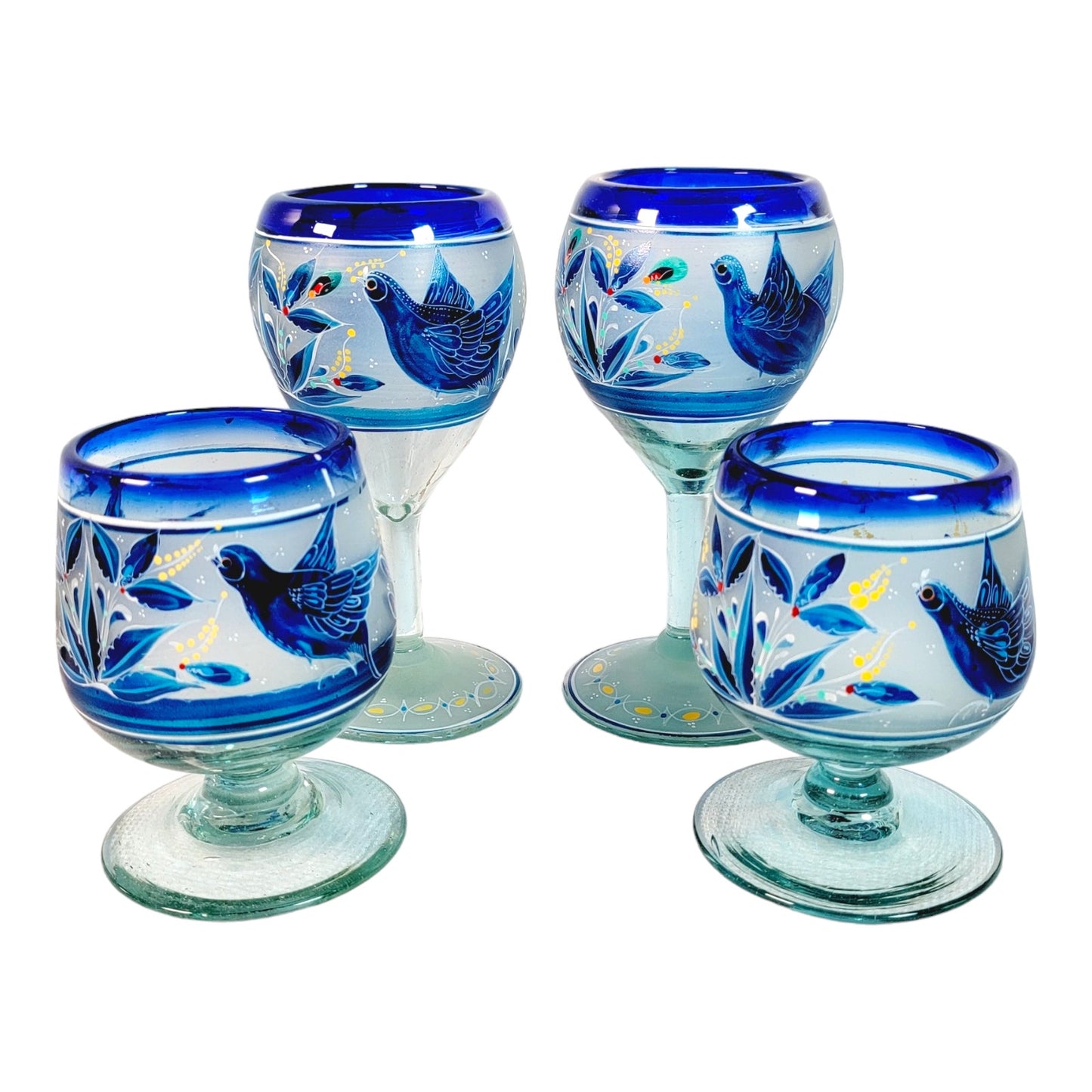 Set of 4 El Palomar Hand-Blown Hand-Painted Dove Bird Wine Glasses Cobalt Blue Rims