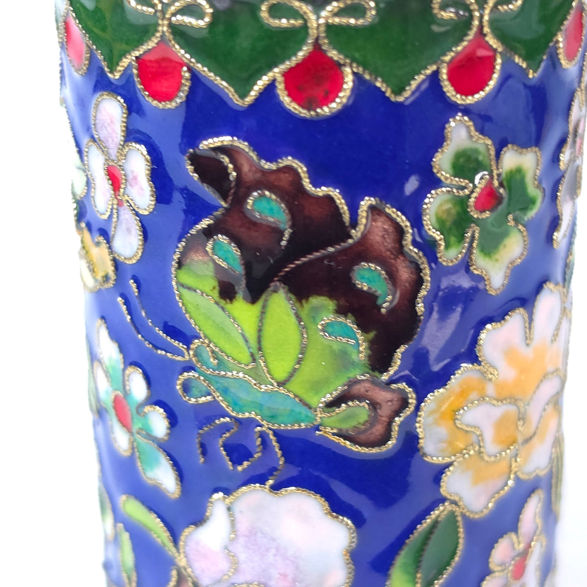 Cloisonne Enamel Pencil Brush Holder Blue Floral Butterfly Tumbler 4.25"