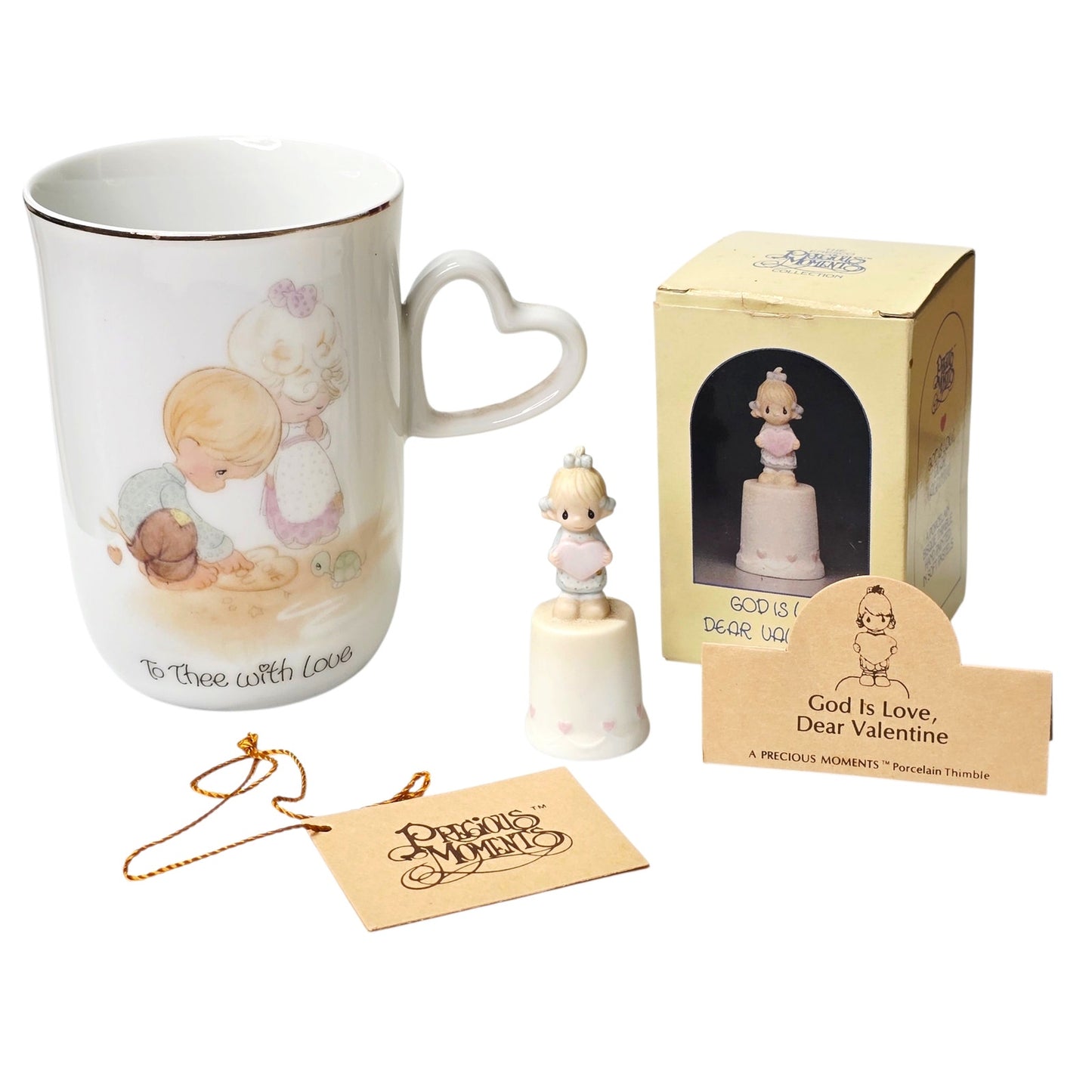 Precious Moments God is Love Dear Valentine Thimble & 1980 To Thee with Love Mug