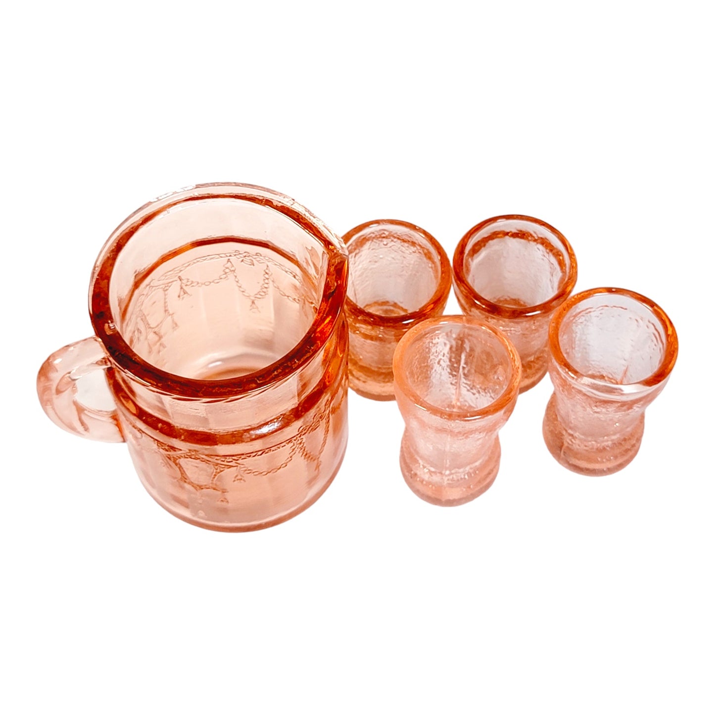 Tiny Vintage Pink Depression Glass Mini Pitcher with 4 Mini Water Tumblers, Doll Tea Party