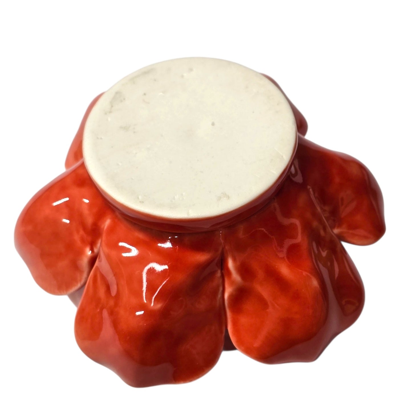Vintage Poppy Orange Glazed Pottery Lotus Flower Candle Holder Tea Light Artisan