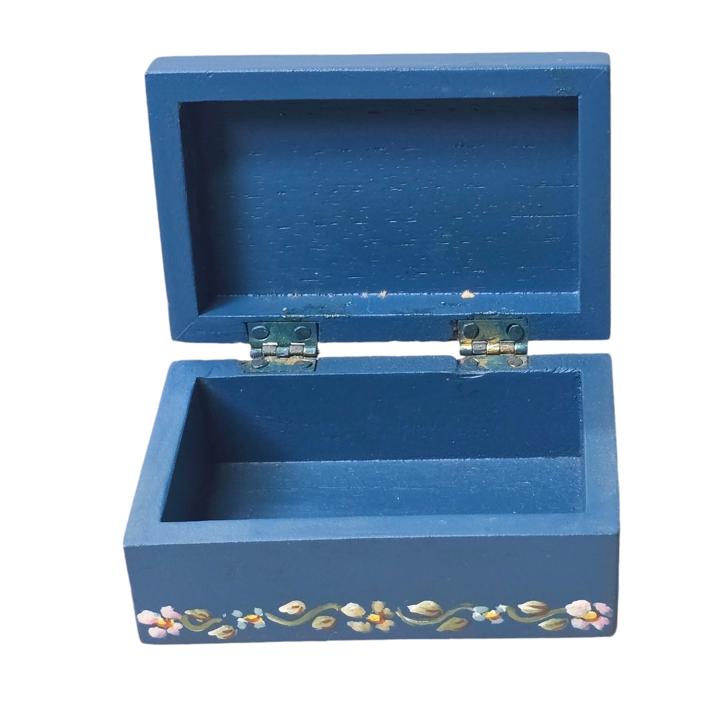 El Salvador Hand-Crafted Hinged Wooded Box, Floral Painted Blue Wooden Box