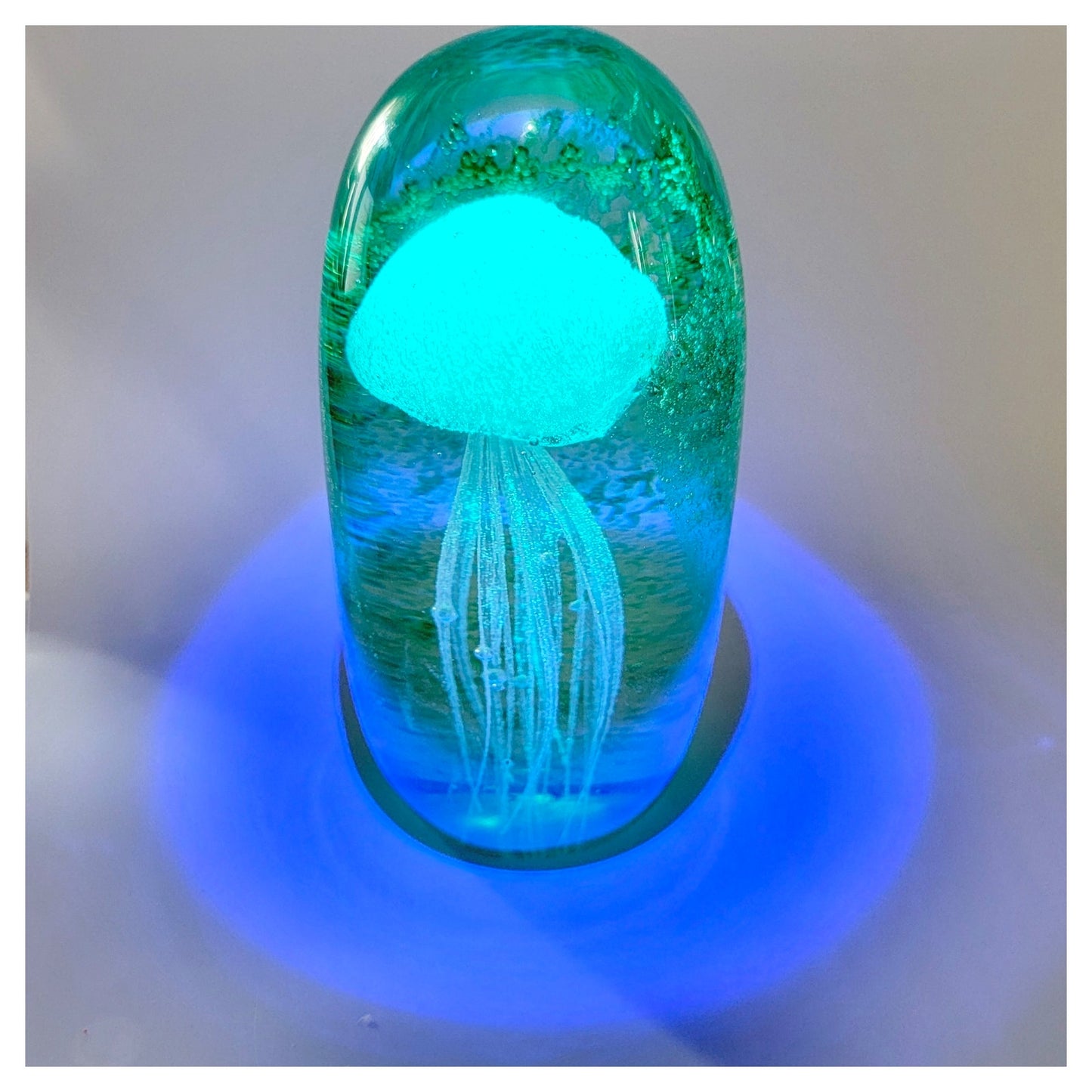 Green Art Glass Jellyfish Paperweight, Glows, Hand-Blown Art Glass Jellyfish