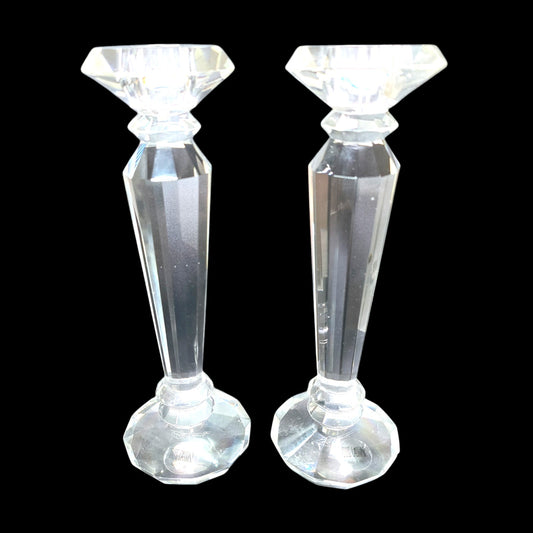 Oleg Cassini Crystal Pillar Candle Holders Set of 2 Signed 8" Candlesticks Flaw