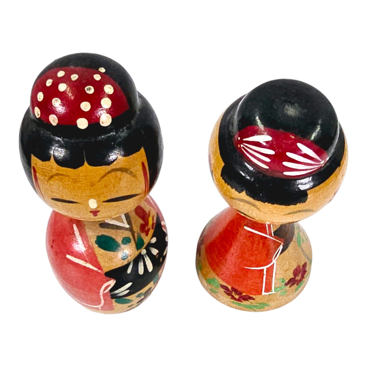 Set of 2 Vintage Miniature Wooden Kokeshi  Wobble Dolls with Magnet Base, Boy and Girl Handpainted Doll Japan, 3.5" & 3.25" H