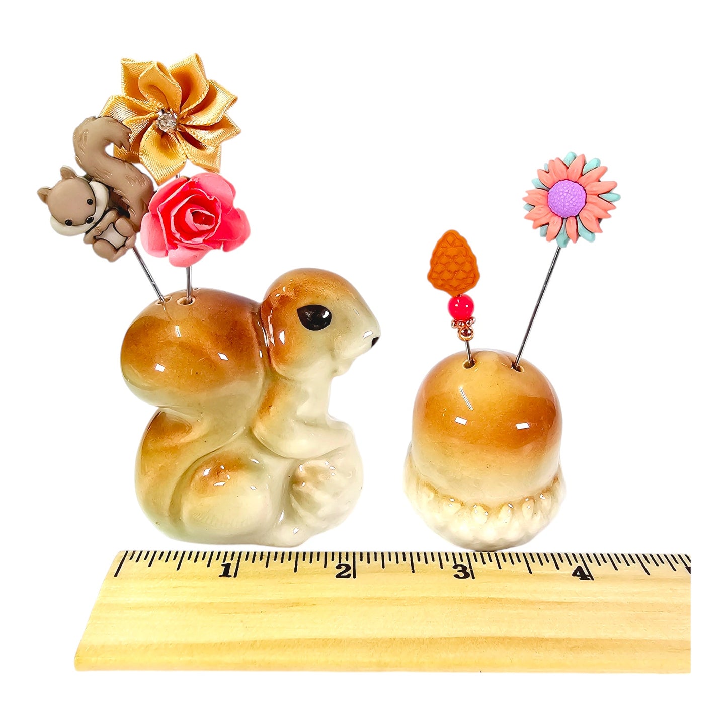 Vintage Squirrel Salt & Peppers Shaker Stick Pin Displays, 5 Handmade Stick Pins, 3.5" & 3.25" H with Pins