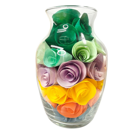 Handmade Paper Flower Bouquet in Glass Vase Colorful Rolled Roses Boho Artisan