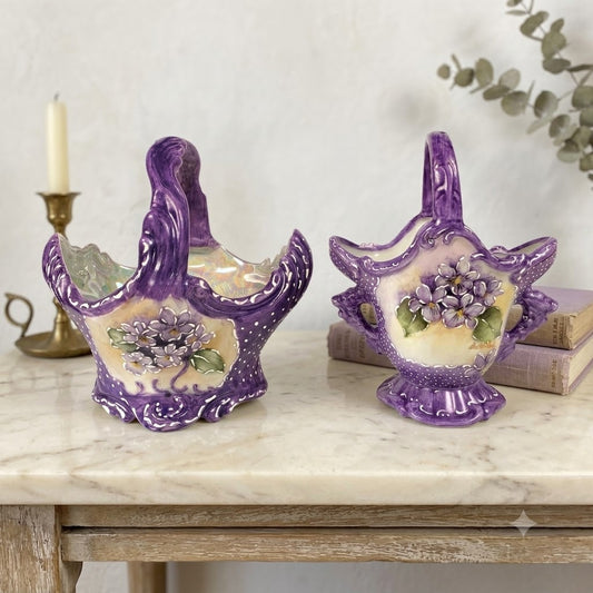 Vintage Porcelain Basket Set Signed 1993 Dorothy Henry Hand Painted Floral Decor