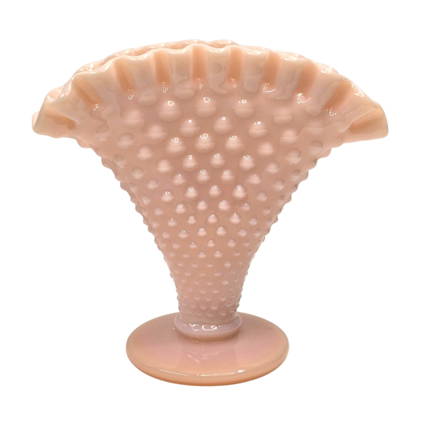 Vtg Fenton Pastel Pink Milk Glass Hobnail Fan Vase 4" Trumpet Uranium Reactived