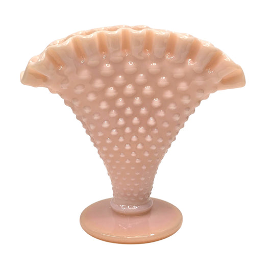 Vtg Fenton Pastel Pink Milk Glass Hobnail Fan Vase 4" Trumpet Uranium Reactived