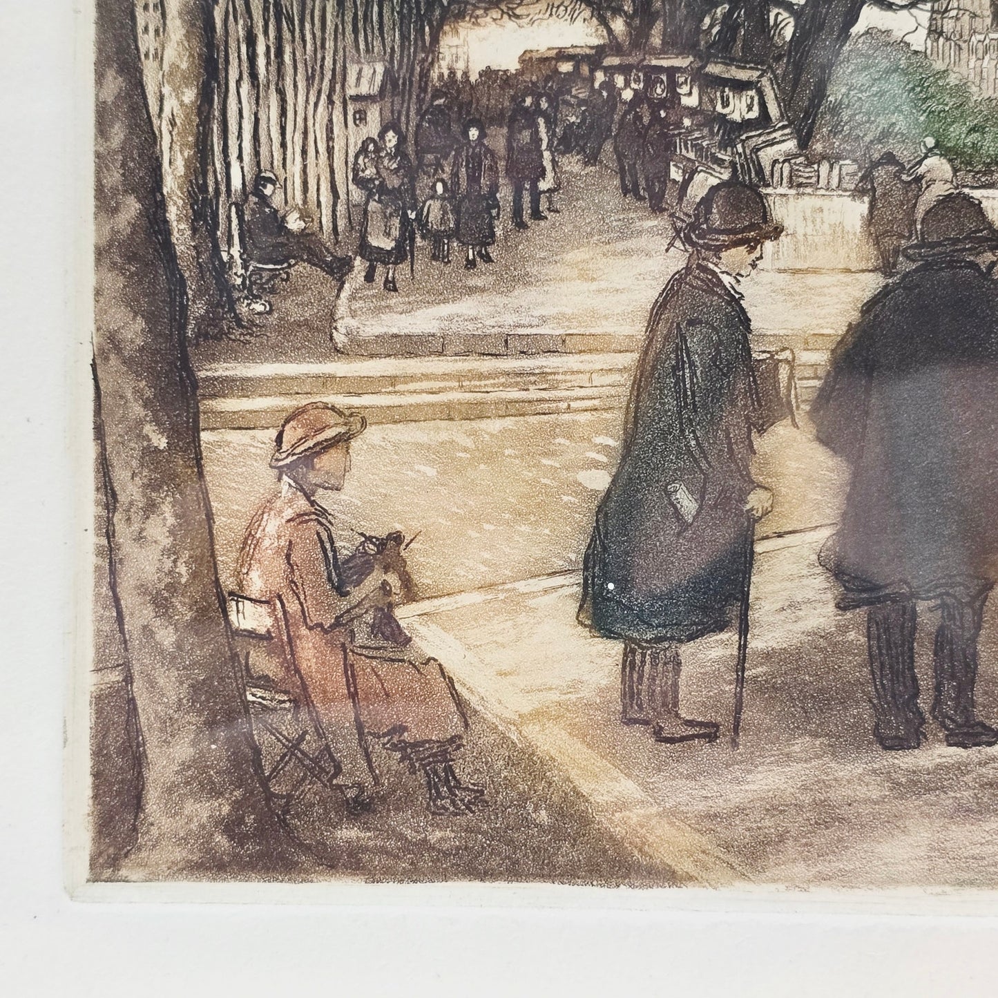 Signed Huberly Paris Scene HandColored Etching Marchands de gravures Notre Dame