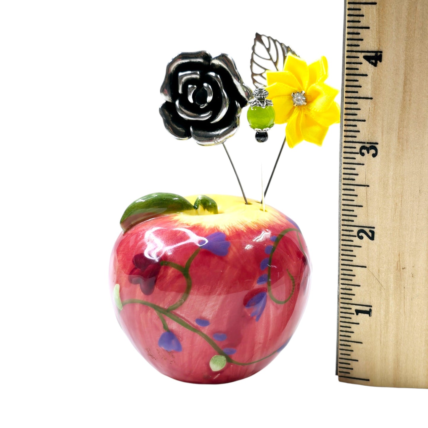 Ceramic Apple Salt Shaker Display with 3 Hat Pins