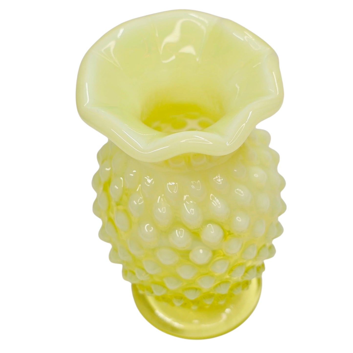 Vtg Fenton Vaseline Opalescent Hobnail Vase 3.75" Topaz Uranium Glass Glows UV