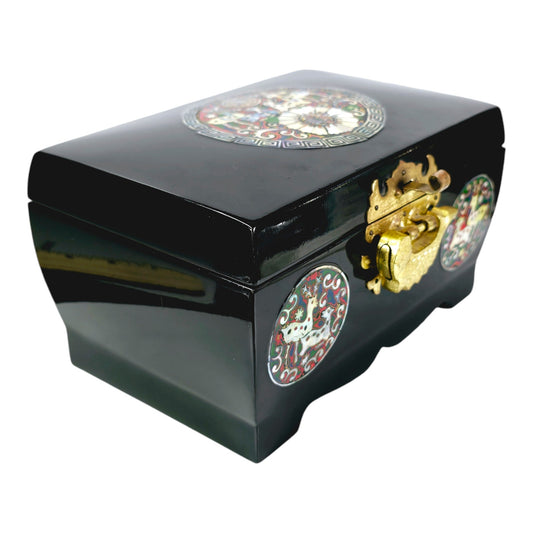 Asian Black Lacquer Mother of Pearl Inlay Jewelry Box, Deer Fawn, Mirrored, 7" W