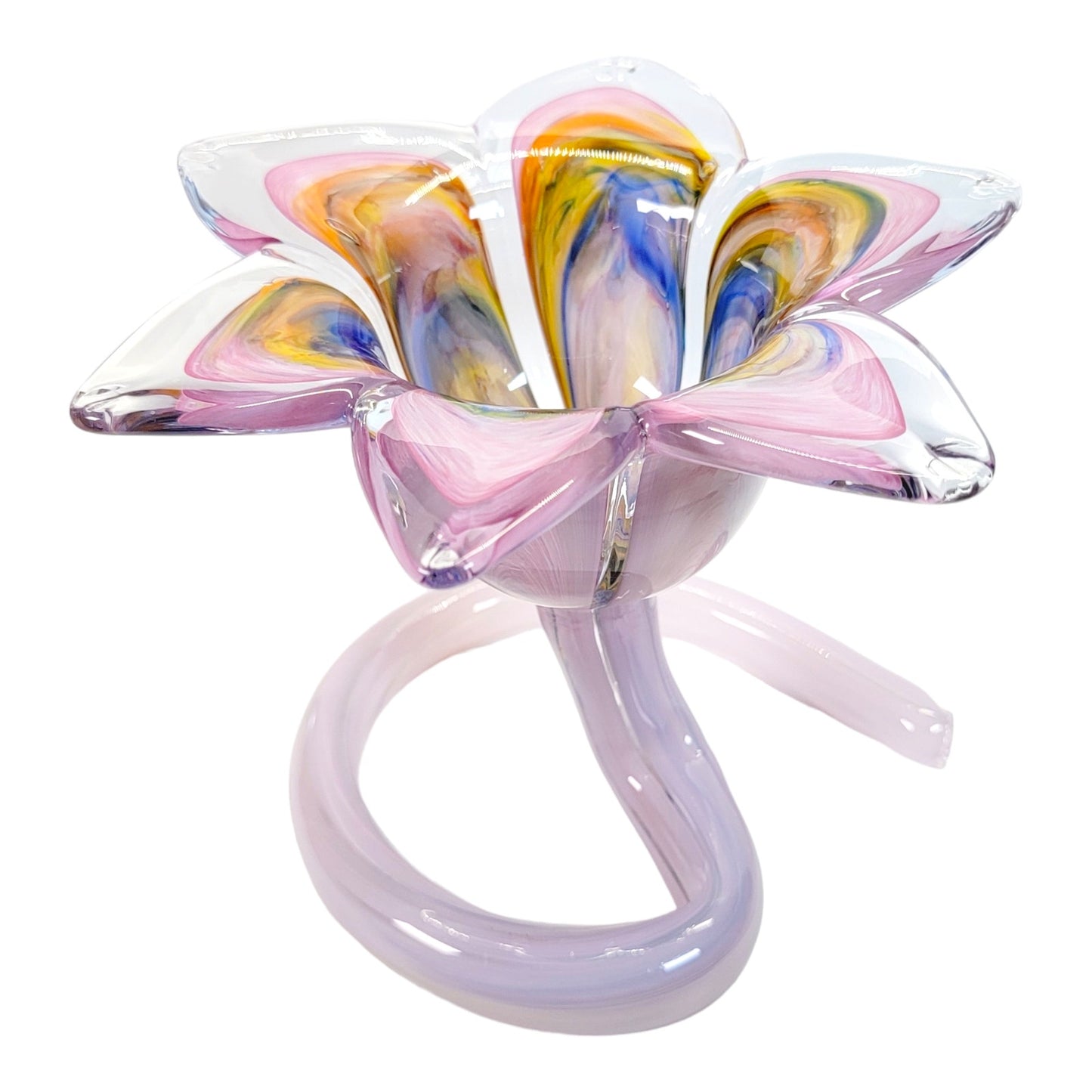 Beautiful Hand Blown Spiral Stem Art Glass Flower, Multicolor Flower with Lavender Stem