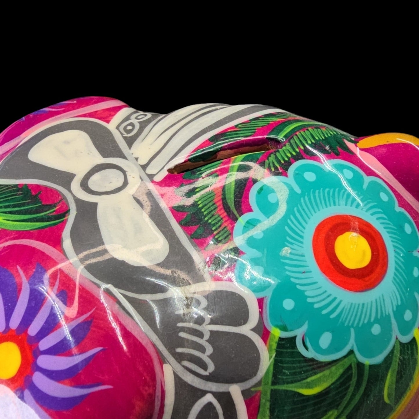 Mexican Pottery Hand-Painted Piggy Bank, Glows under Black Light