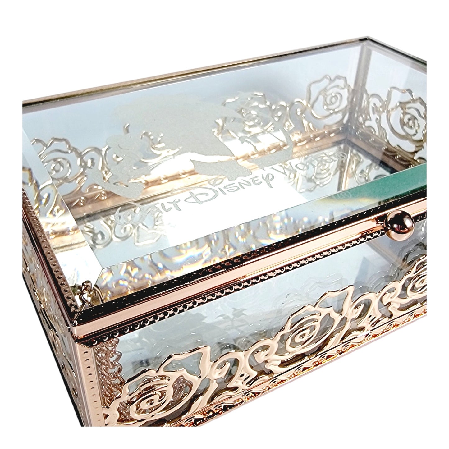 Disney World Beauty & the Beast Jewelry Box Mirrored Etched Glass Filigree Rose