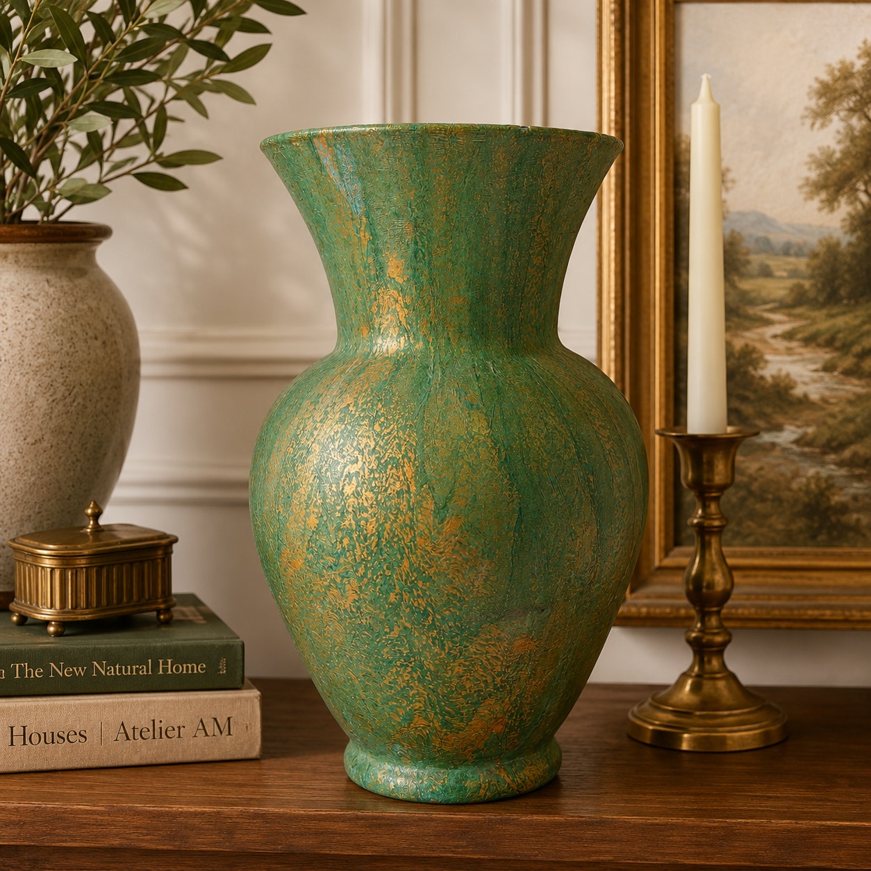 Fluid Art Glass Vase Green Gold Metallic Hand Painted Decorative Statement Piece