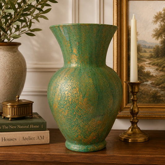 Fluid Art Glass Vase Green Gold Metallic Hand Painted Decorative Statement Piece