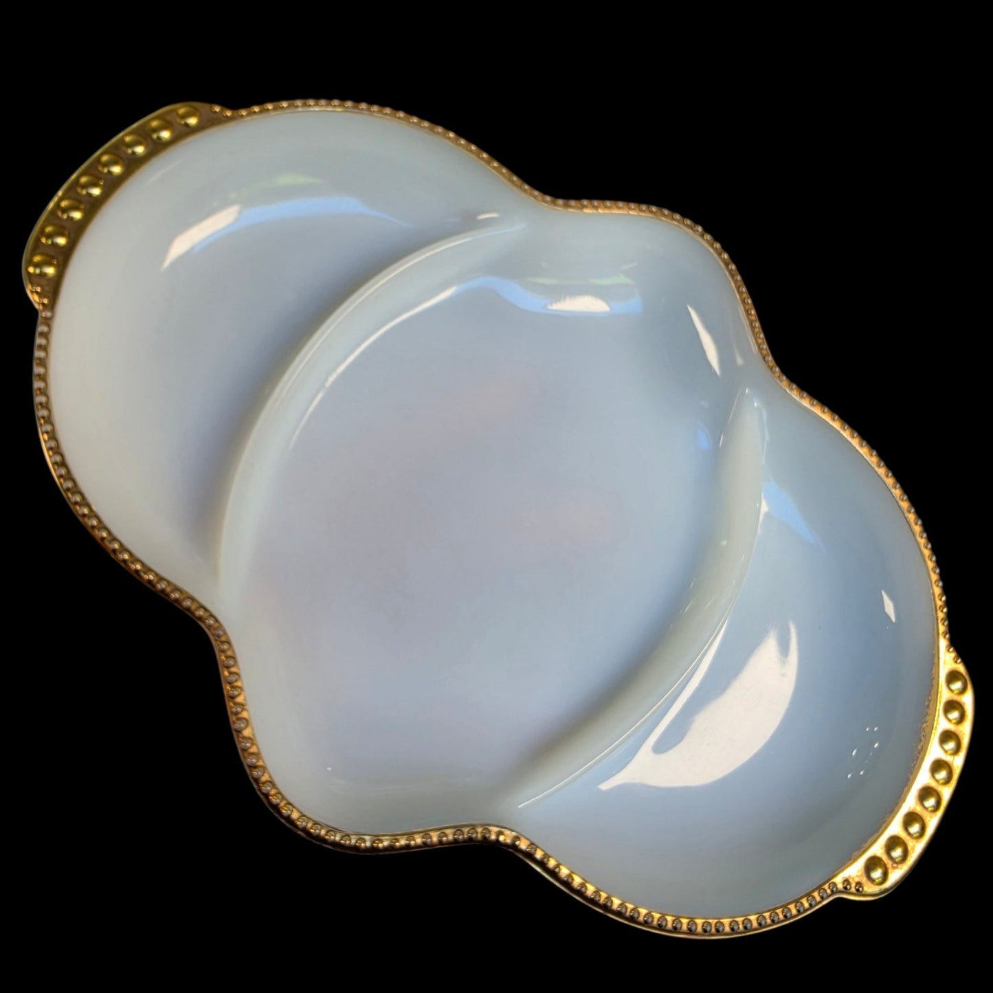 Vtg Fire-King Milk Glass Divided Relish Dish 22K Gold Trim Vanity Recency MCM