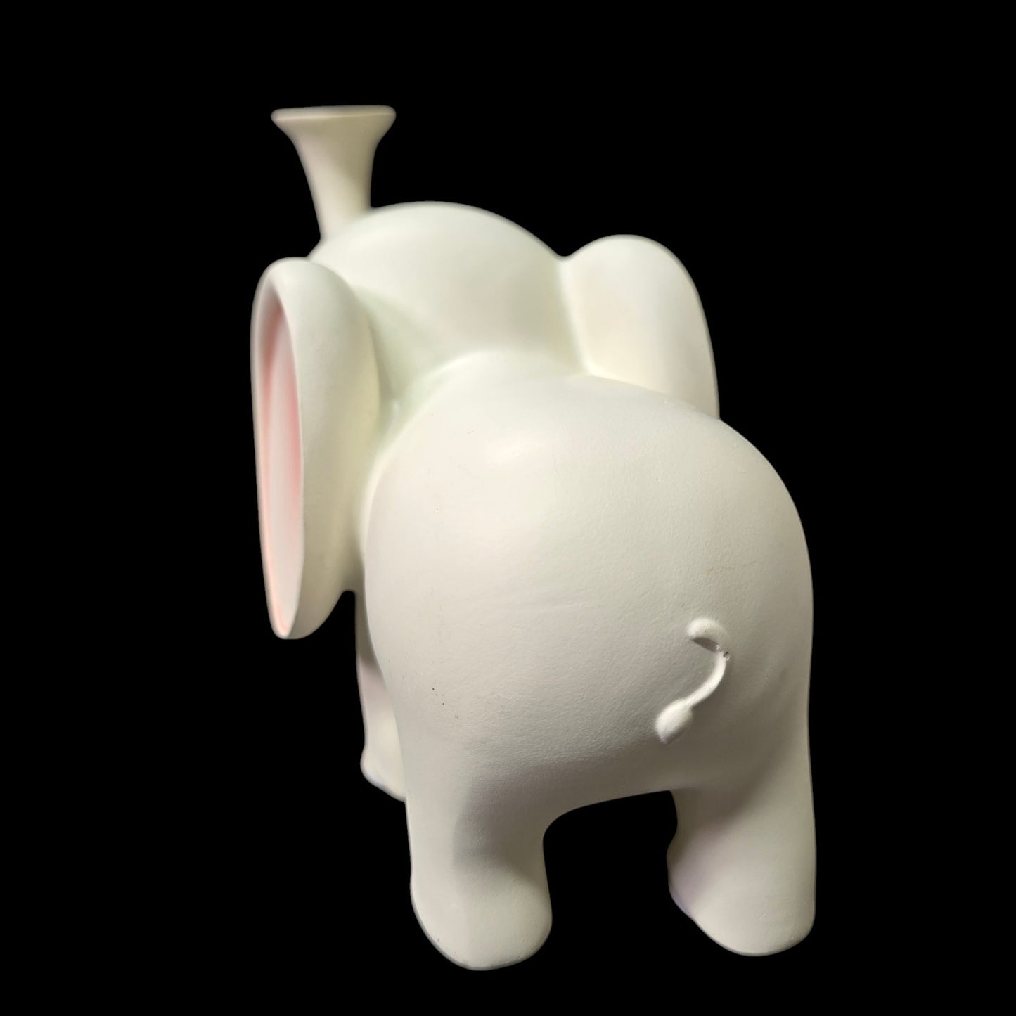 Smooth Satin Ceramic Elephant Figurine, Trunk Up  White and Pink Elephant