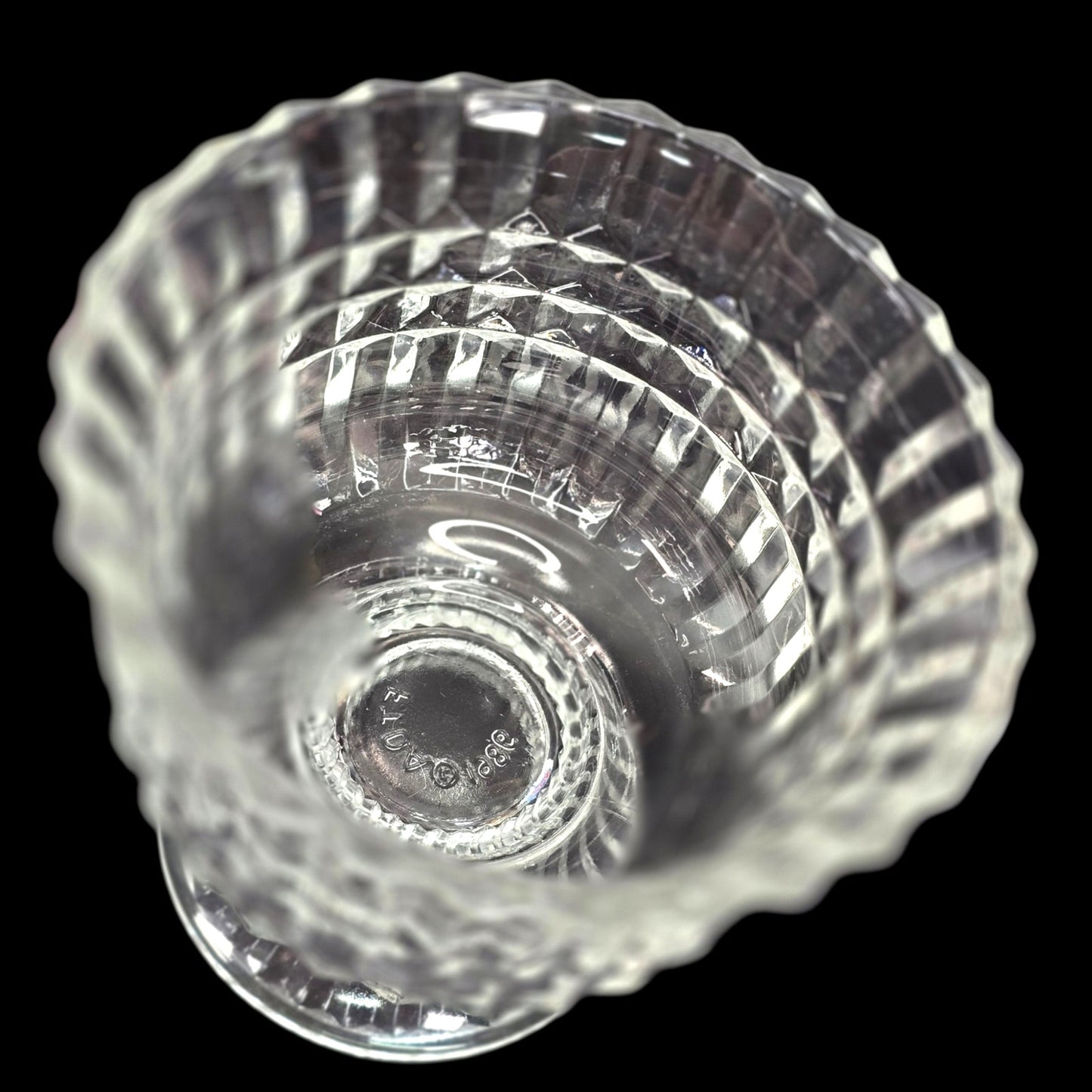 Vintage 1986 Pressed Glass Pedestal Bowl FTDA Diamond Cut & Ribbed Candy Dish