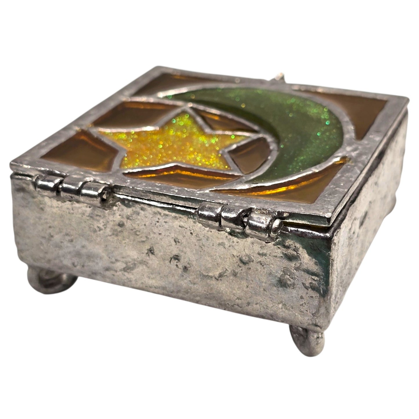 Vtg Stained Glass Moon Star Trinket Box Pewter Tone Soldered Metal Made USA