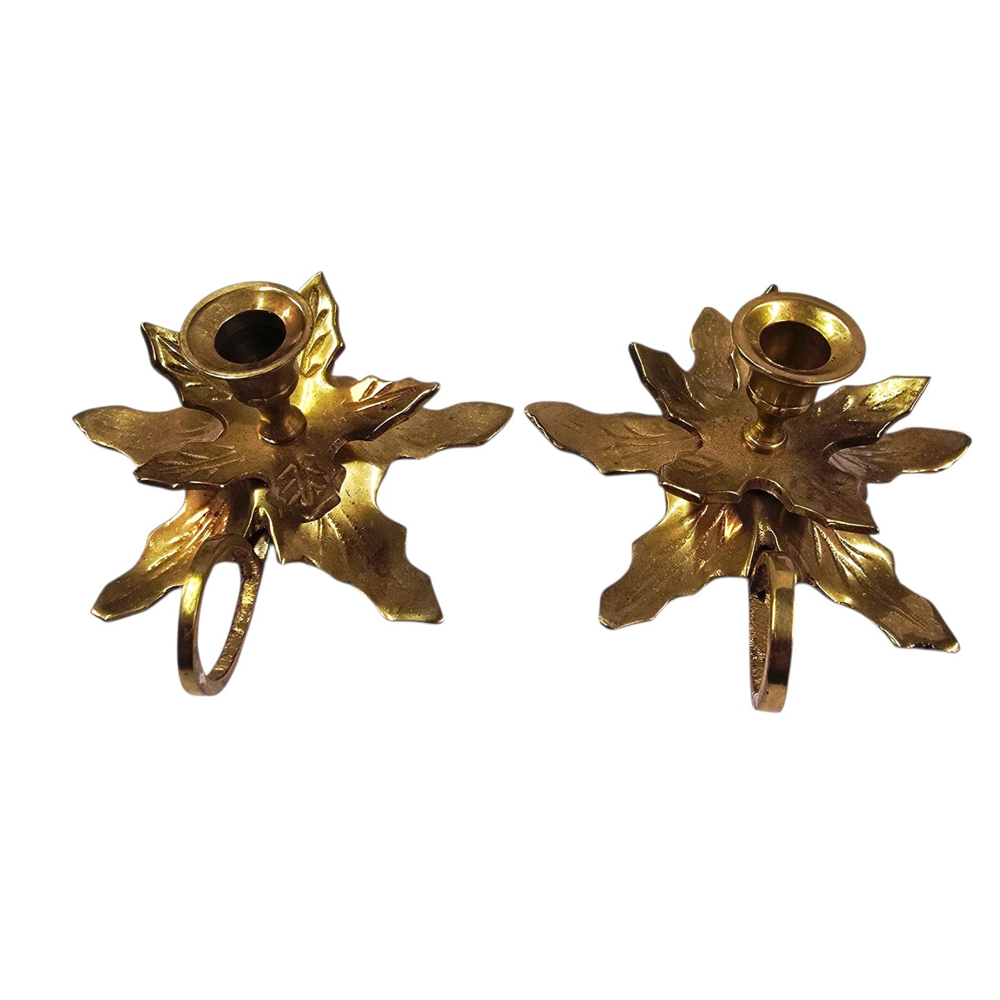 Vintage Solid Brass Leaves Candle Holders with Handle Loop Set of 2