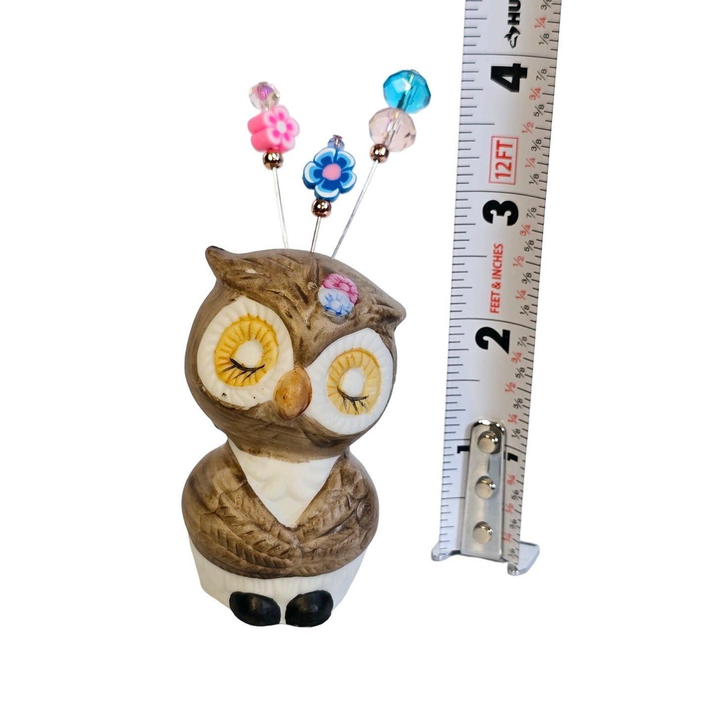 Porcelain Shy Owl Salt Shaker Display with 3 Hat Pins