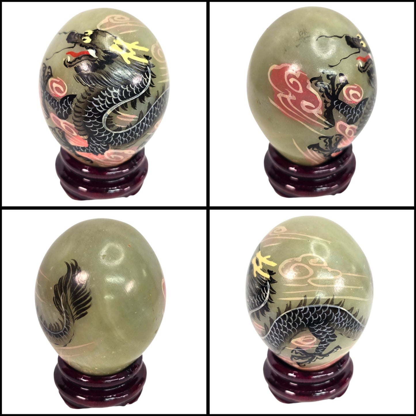 Vtg Set of 6 Chinese Hand Painted Dragon Eggs Green Marble Stone w/ Stands & Box