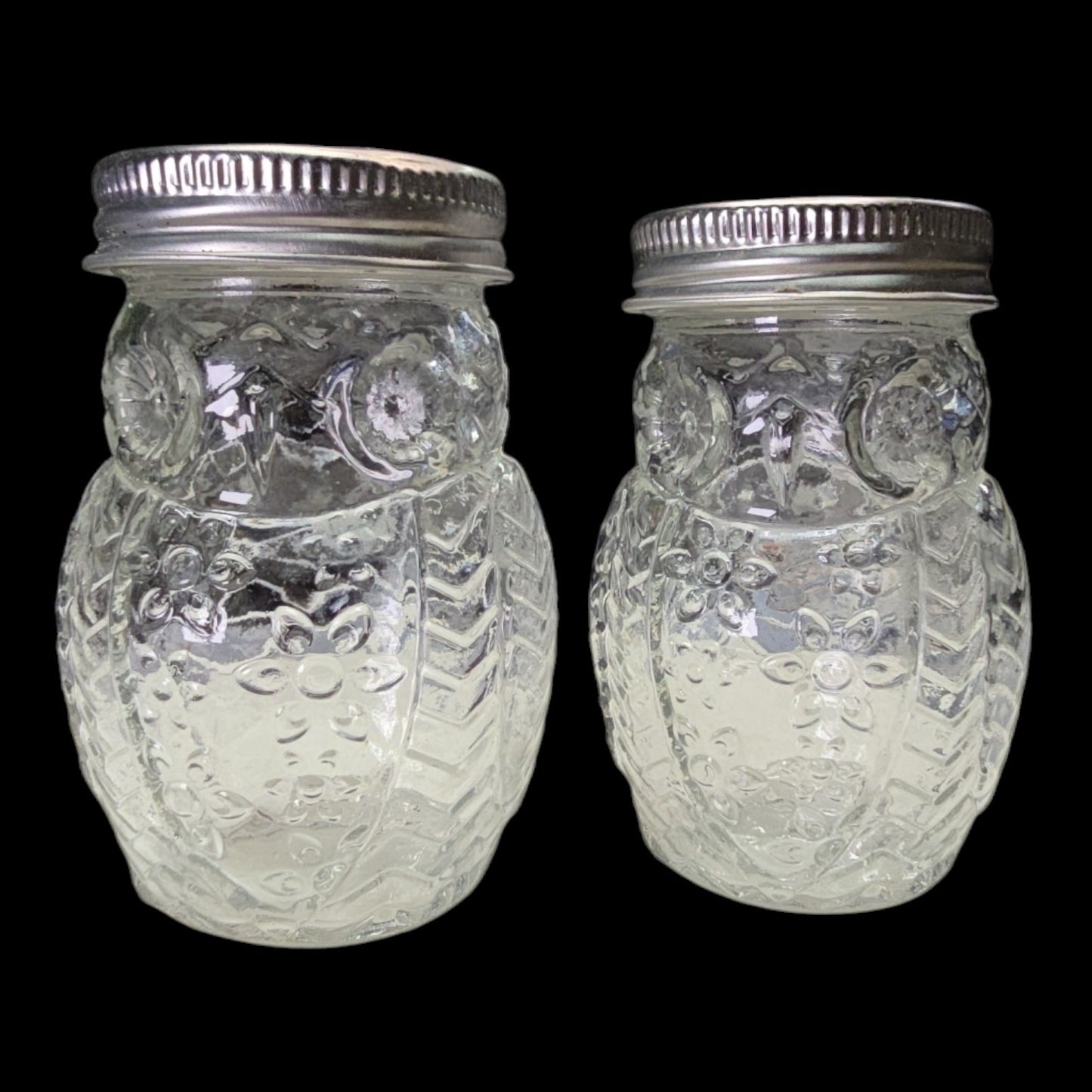 Set of 2 Glass Owl Shakers with Silver Tone Metal Lids, Embossed Floral Pattern