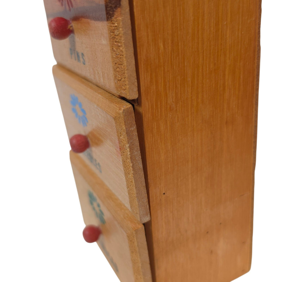 Vintage Wood Sewing Notions Box 3 Drawers Floral Wall Mount Pins Needles Thread