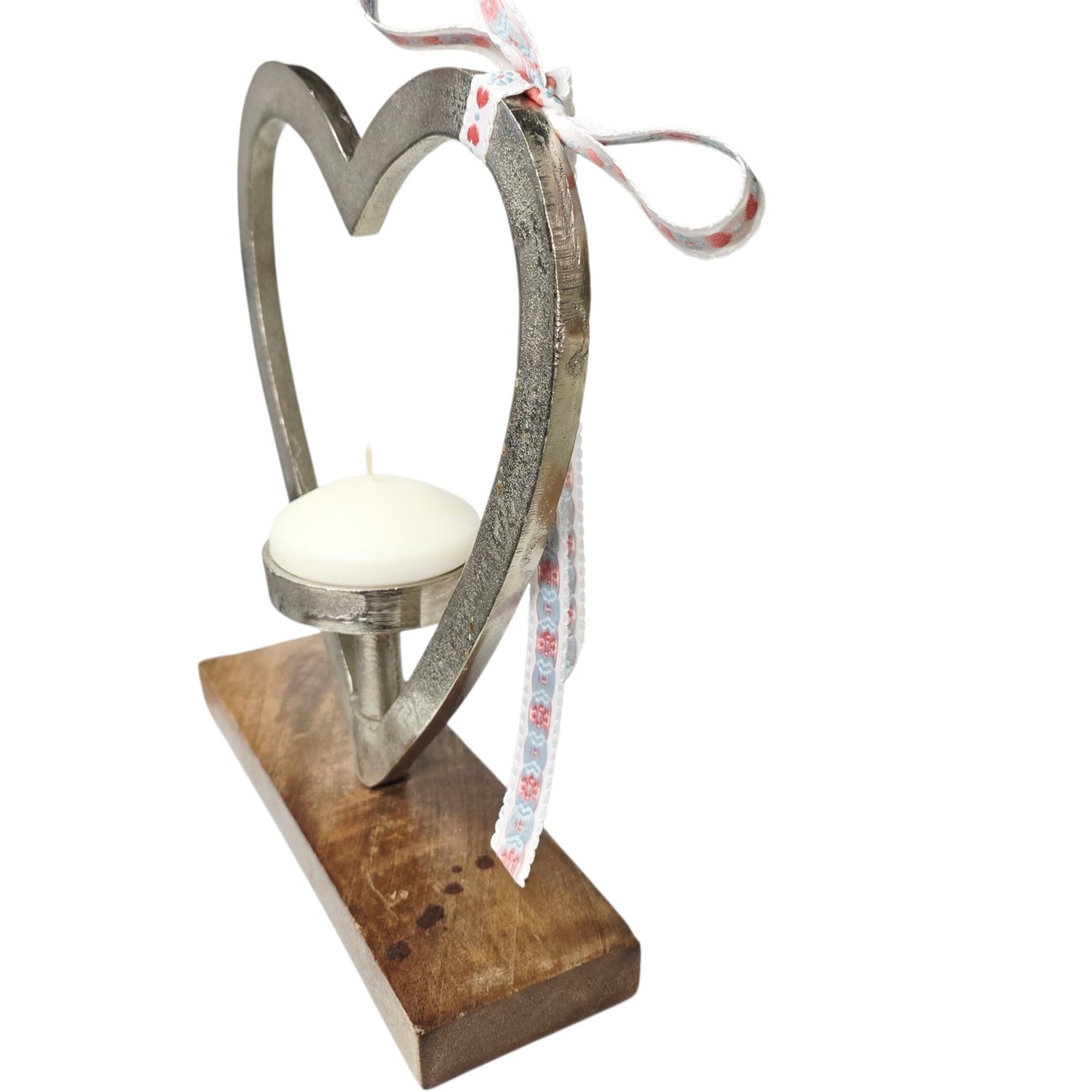 Heart-Shaped Candle Holder Silver-Finished Aluminum & Mango Wood India Valentine