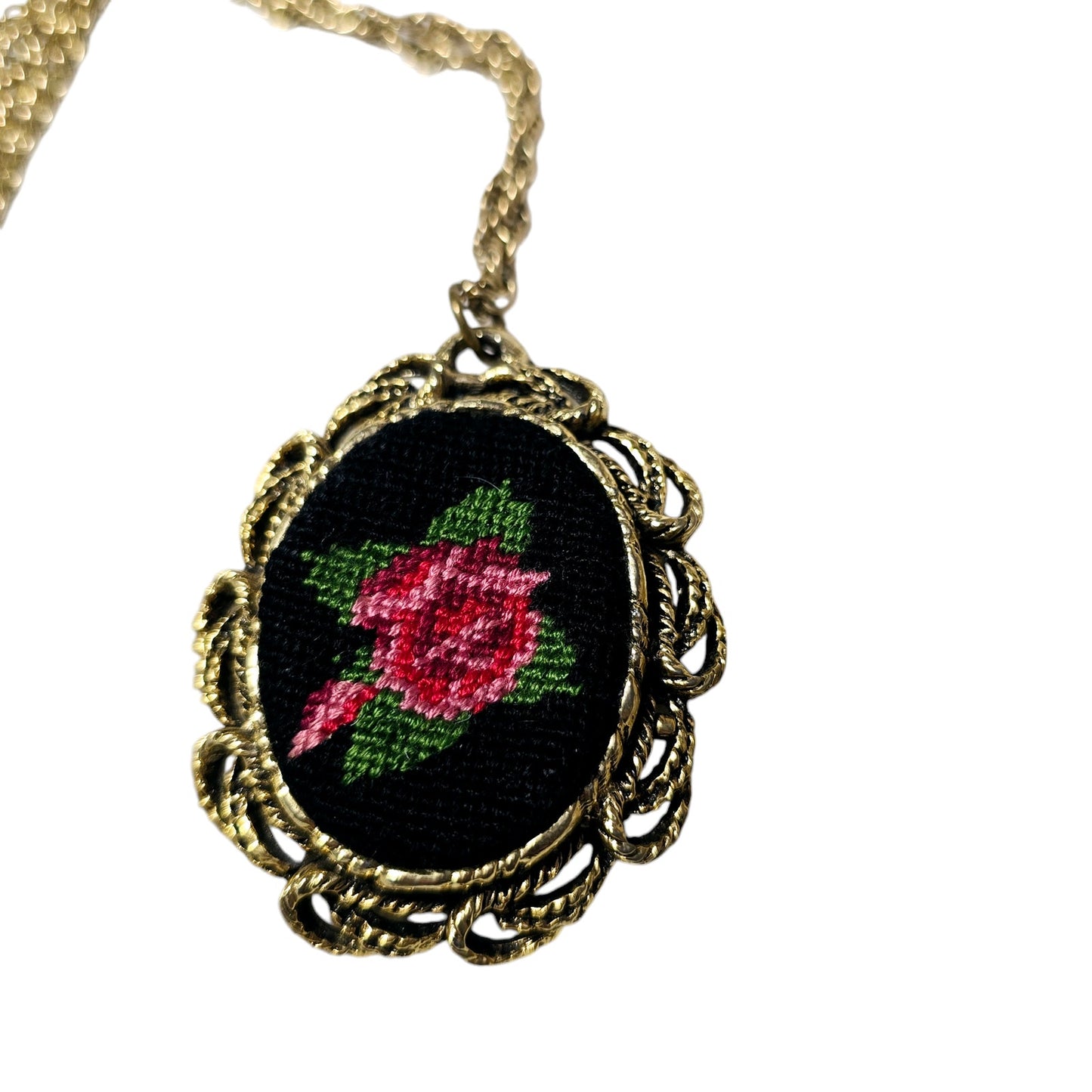 Vintage Petit Needle Point Red Rose On Black with Gold Tone Mirrored Pendant and Chain